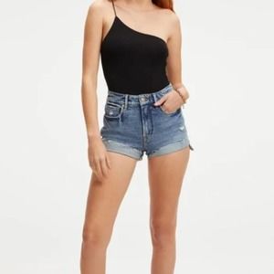 Good American Good Touch One Shoulder 90s Black Bodysuit Size 0 NWT